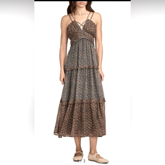 Lucky Brand Dresses & Skirts - Lucky Brand Ruffle Floral Maxi Sundress Blue Brown w Gold hues size M  NWT